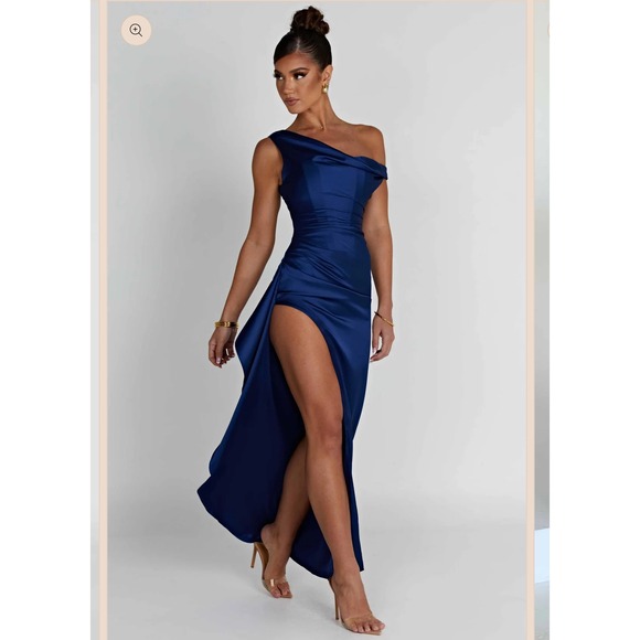 Elegant Navy Blue Satin One Shoulder Maxi Dress High Slit Evening Gown